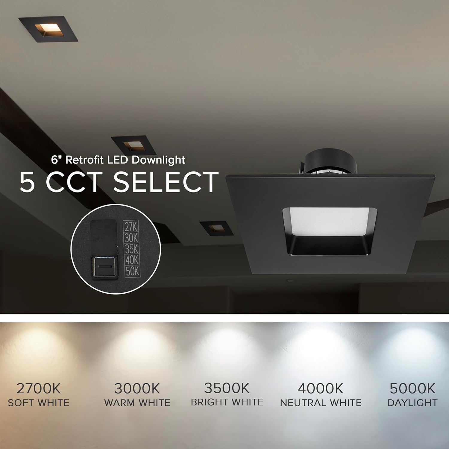 Maxxima 6 in. 5 CCT Retrofit Recessed Square LED Downlight, Black Trim, 950 Lumens, Color Selectable 2700K-5000K (2700K/3000K/3500K/4000K/5000K), Dimmable, 90 CRI, Ideal for Kitchen, Bathroom, Bedroom
