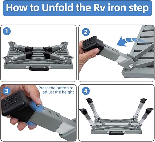 Miniatura 10 de Homeon Wheels Taburete para caravana, plataforma de aluminio ajustable con superficie antideslizante, escalón plegable con patas de goma, tira Gris