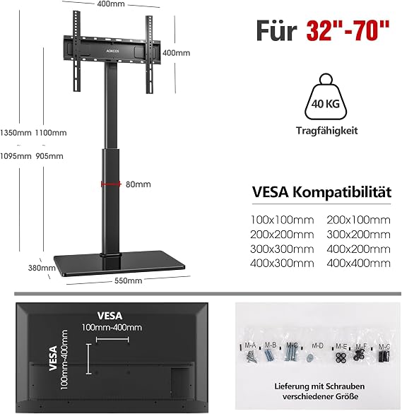 AOKCOS TV Stand Floor Stand Height 1350 mm for 32-55 65 70 Inch TVs Tilting Swivelling & Height-Adjustable TV Stand Universal TV Stand Max VESA 400 x 400 mm 40 kg (Black)