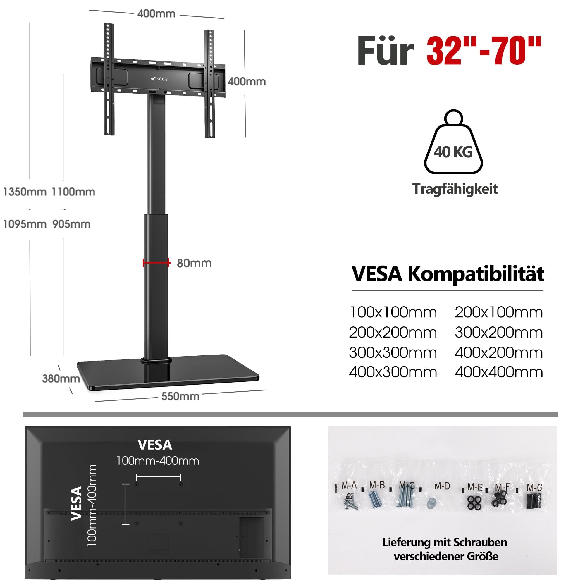 AOKCOS TV Ständer Bodenständer Höhe 1350mm für 32-55 65 70 Zoll Fernseher, Neigbar & Schwenkbar & Höhenverstellbar Fernsehständer, Universal TV Standfüße Standfuss Max VESA 400x400mm 40KG (Schwarz)