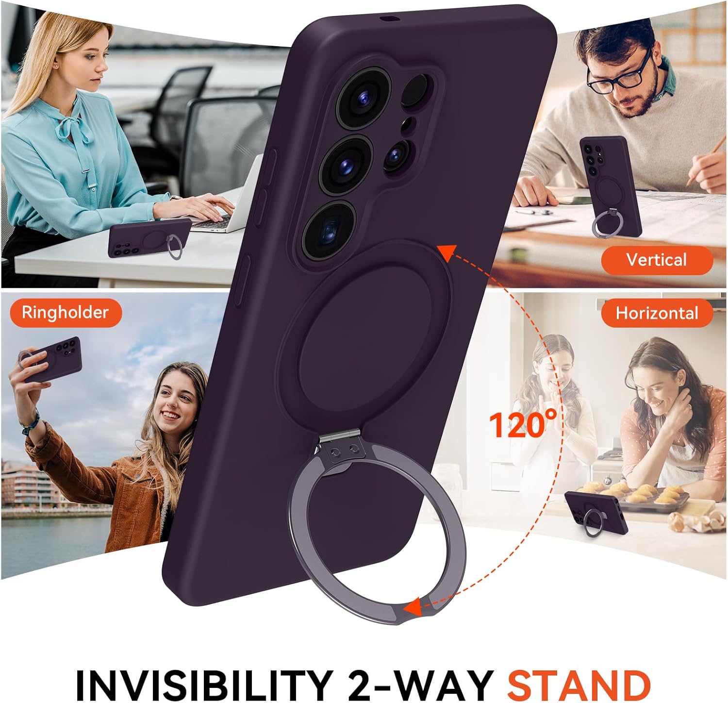 for Galaxy S26 Ultra Case with Stand, Slim Liquid Silicone Phone Cases for Samsung Galaxy S26 Ultra Compatible with MagSafe Magnetic Ring Kickstand Case Full Camera Protection, Dark Purple