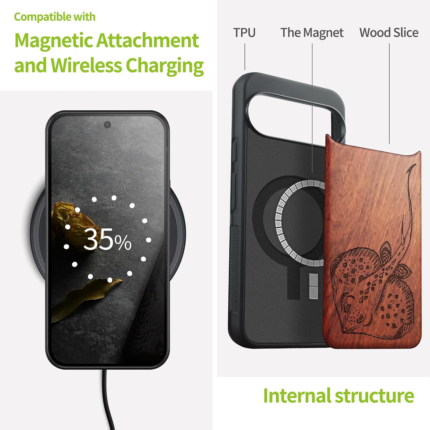 Carveit Magnetic Wooden Case for Google Pixel 10 Pro XL Case, Wood Artisan Engraved & Soft TPU Shockproof Cover, Compatible with MagSafe Wireless Chargers (Stingray in Scratch Board Artistry) Rosy
