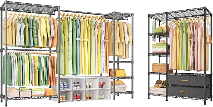 Ulif E10 With Stretchable Hanger Rod and F3 With Fabric Drawers clothes Rack, Freestanding Clothing Racks for Hanging Clothes,Adjustable Closet Organizer System,Portable Garment Rack