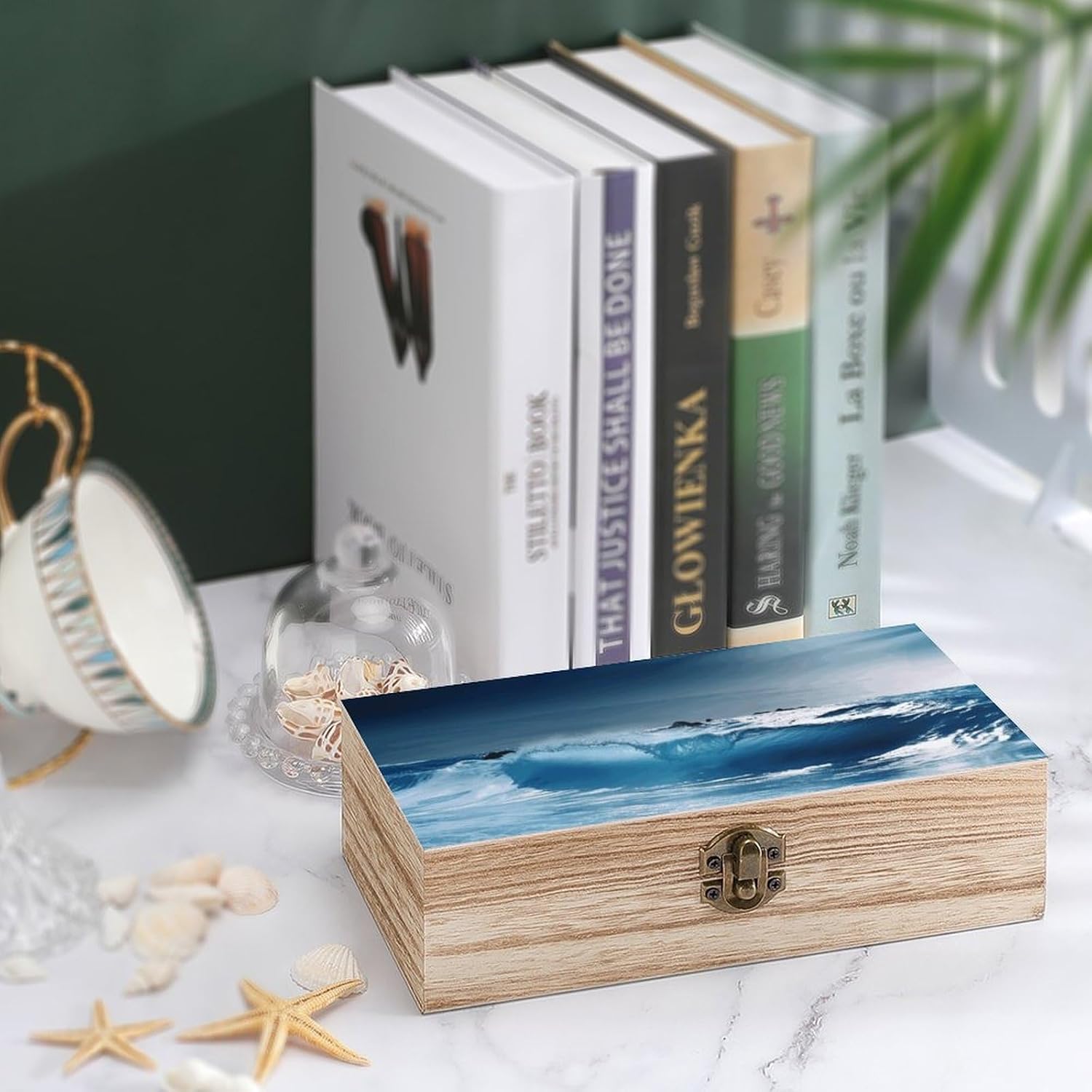 Blue Ocaen Seascape Memory Jewelry Wooden Box, Large Wooden Treasure Chest Boxes with Hinged Lid, Photos Storage Case for Women Men, Wooden Keepsake Box, 7.9'' X 3.9'' X2.3''
