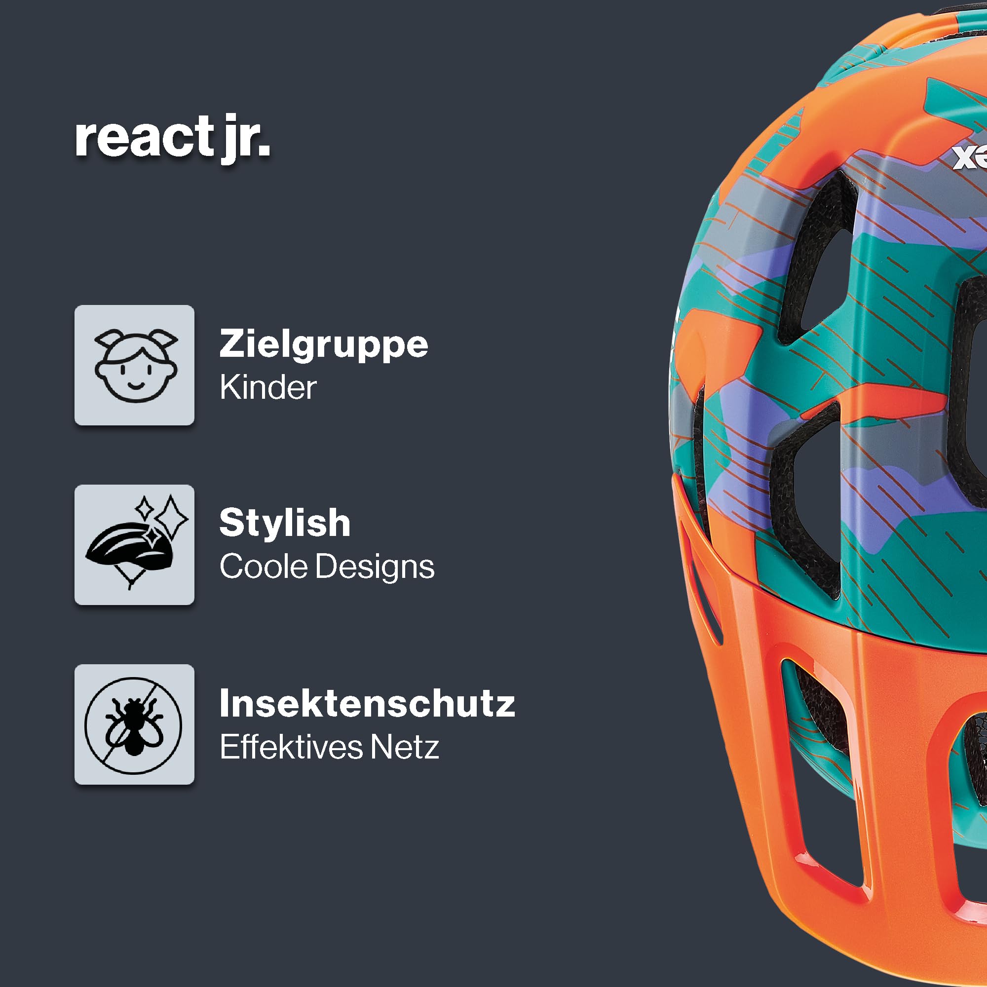 uvex react jr. - leichter Fahrradhelm für Kinder - individuelle Größenanpassung - waschbare Innenausstattung - papaya camo matt - 52-56 cm
