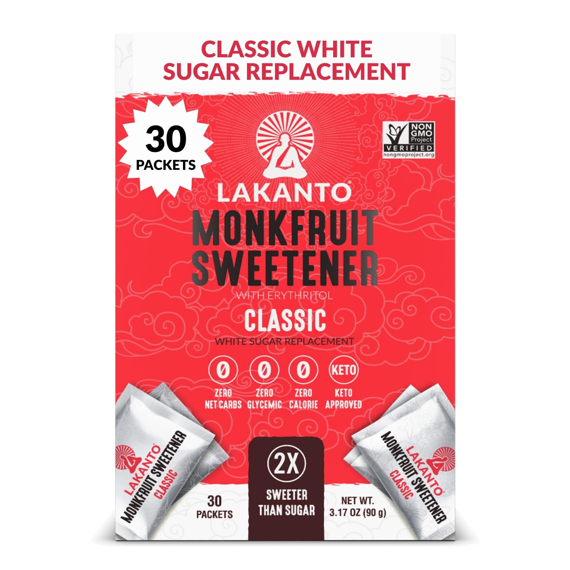 Lakanto Classic Monk Fruit Sweetener with Erythritol Sweetener Packets - White Sugar Replacement, Zero Net Carbs, Calories, Sweeten on the Go, Coffee, Lemonade, Tea, Desserts - Classic (3g - 30 Count)