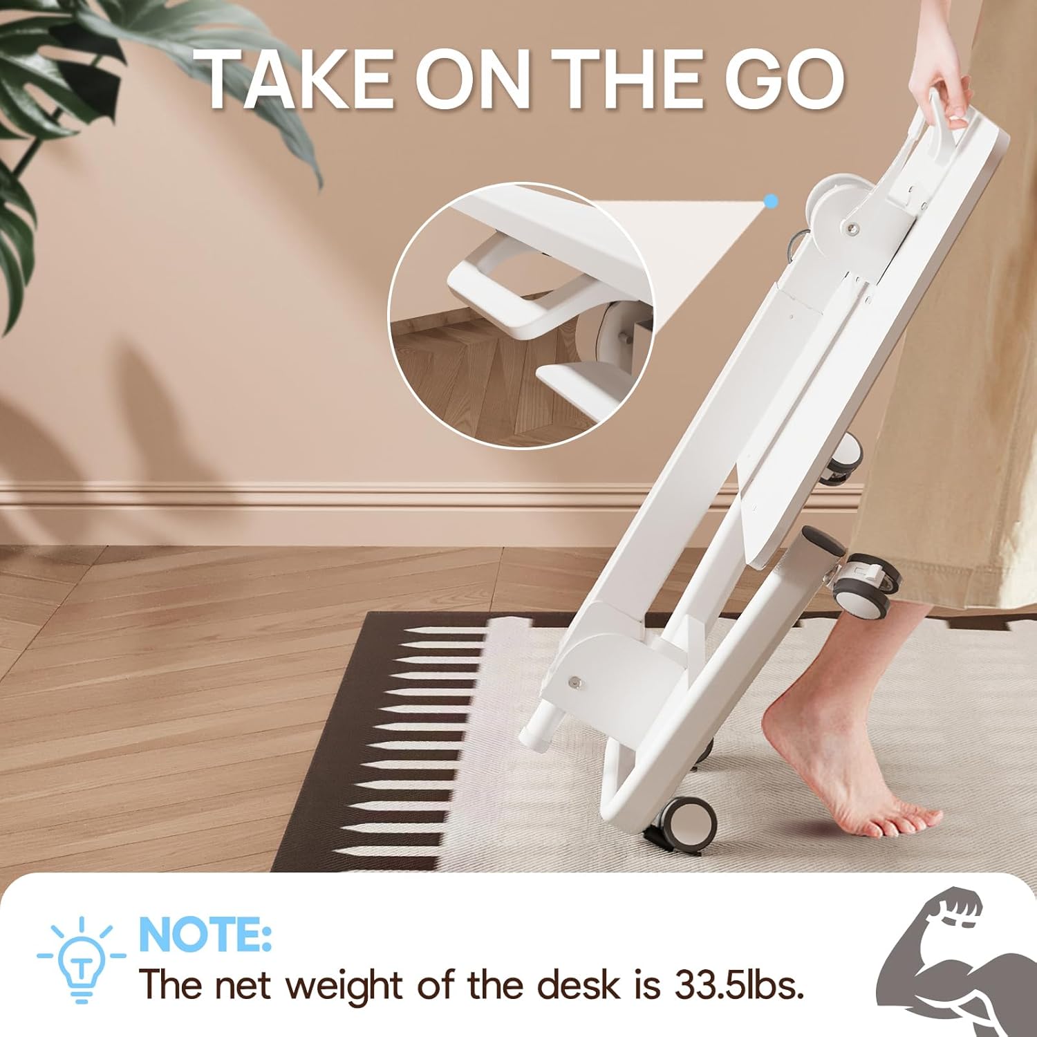Person easily moving the folded mobile standing desk on its wheels