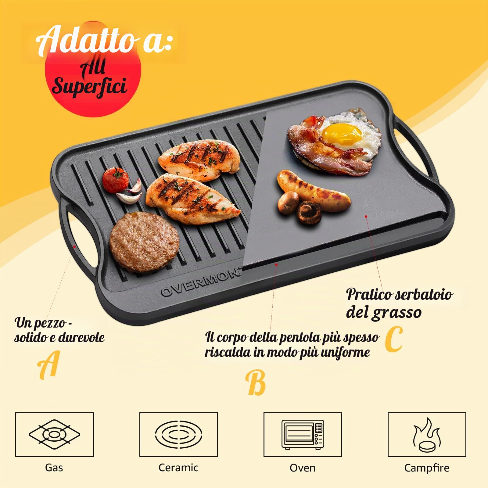 Overmont Bistecchiera Reversibile in Ghisa Pre-stagionata - Antiaderente Piastra per Grigliare con Manici - per Grigliare Piano Cottura Gas Forno Fuoco Aperto - Raschietto incluso - 43,2x24,9CM