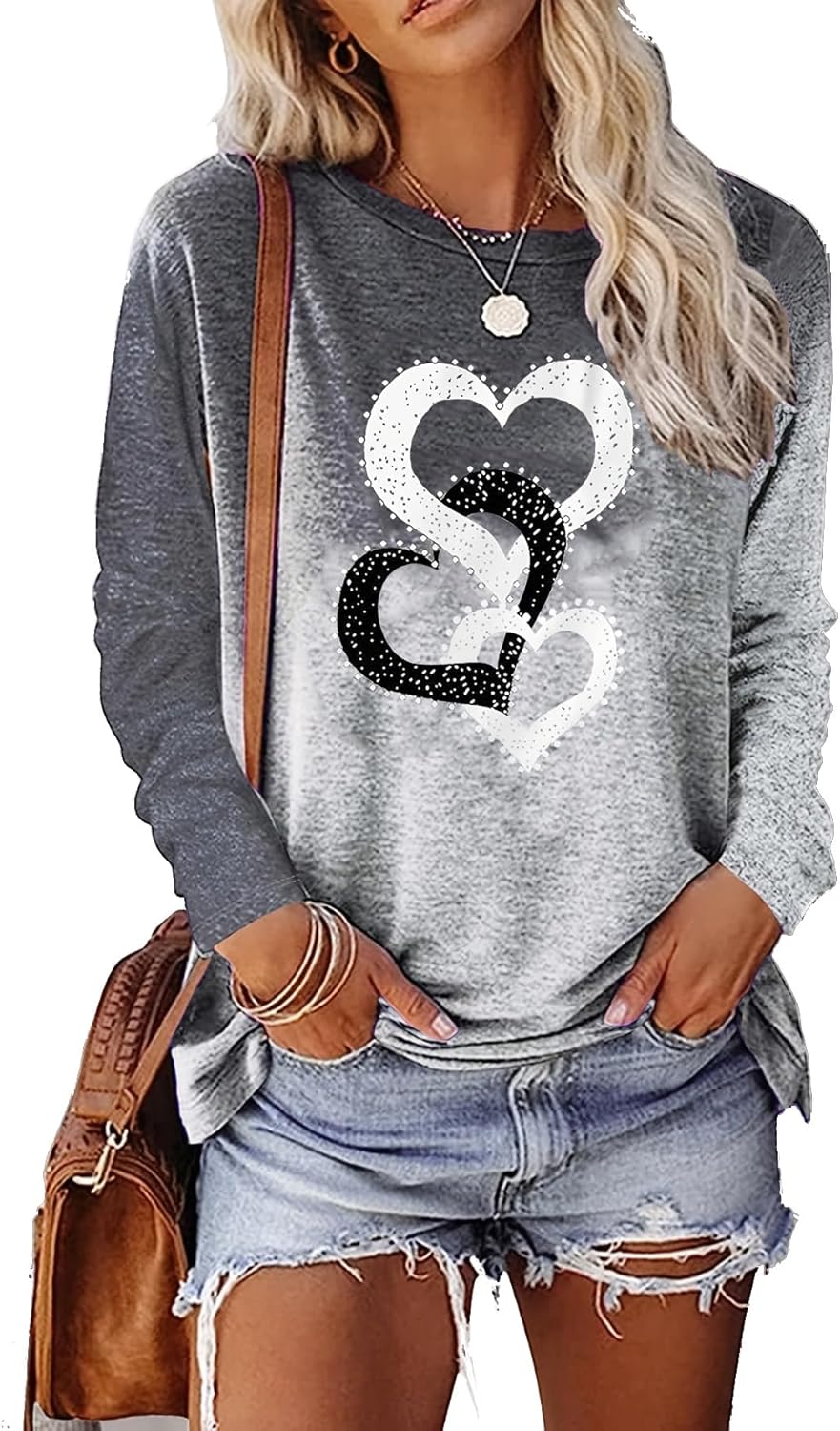 Valentines Outfits Shirts for Women Plus Size Love Heart Shirt Top Long Sleeve Valentine Tee Tops Clothes for Teen Girls