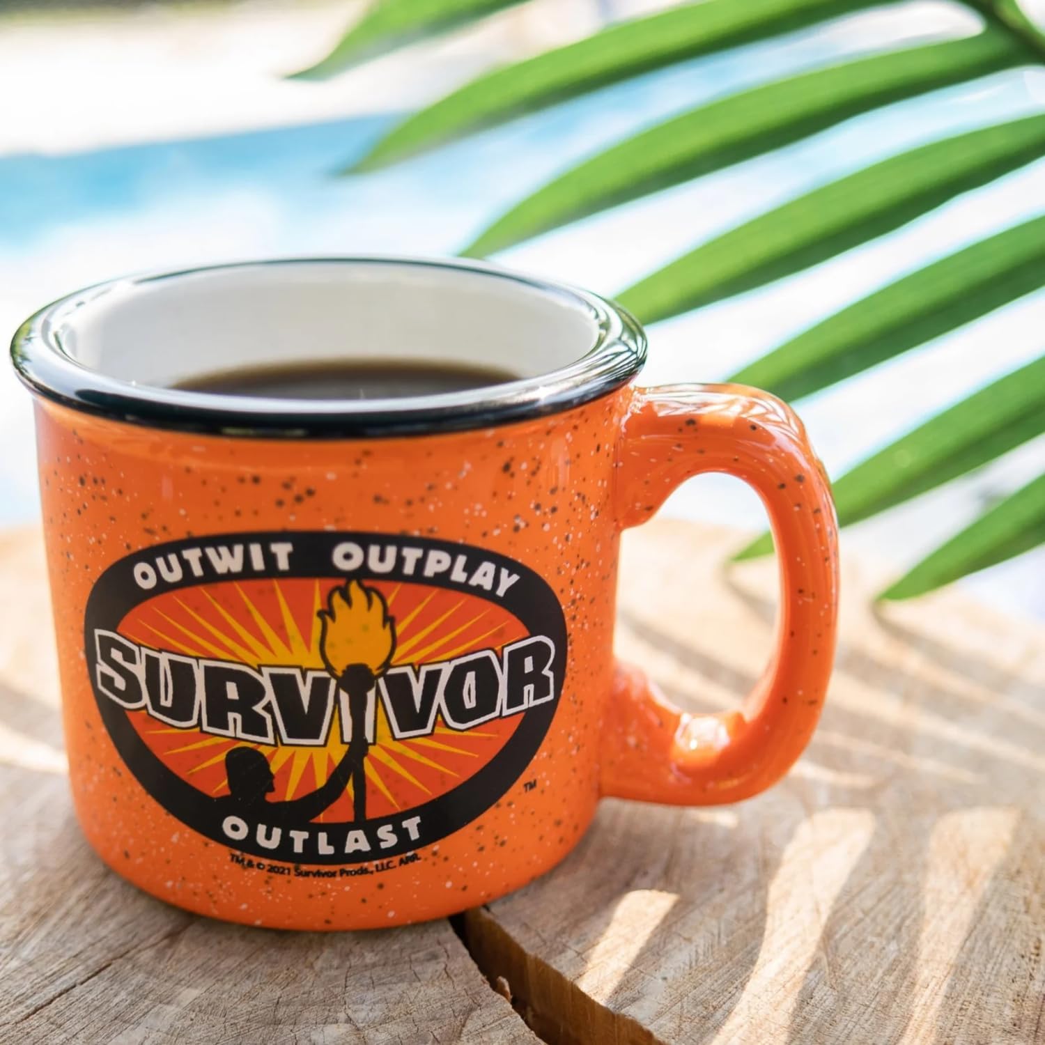 Survivor Outwit Outplay Outlast Campfire Mug – 15 oz Ceramic Coffee Mug, Rustic Style Fan Gift, Orange Coffee Cup, Inspired by Survival Reality TV