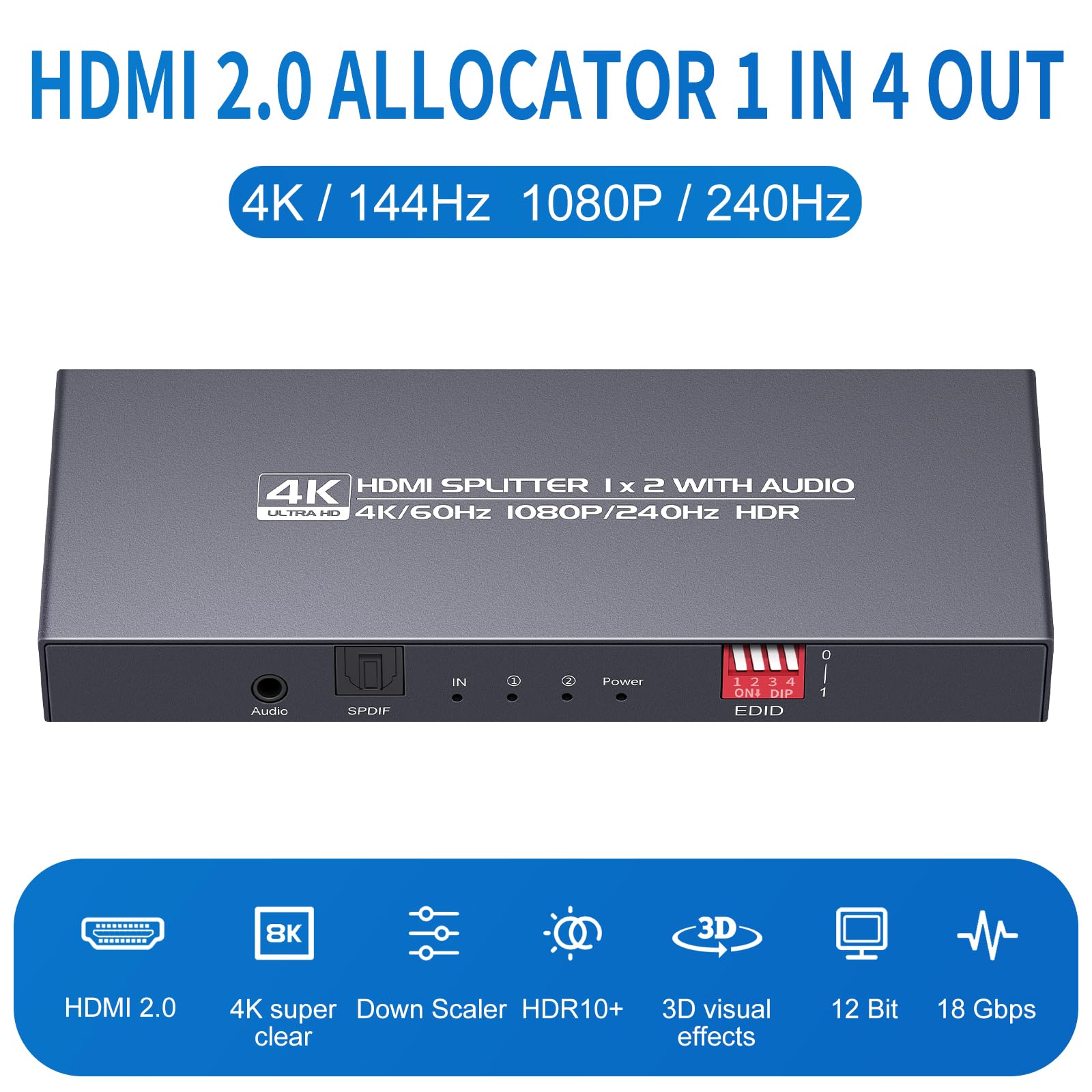 Divisor HDMI 2.0 1 en 2 salidas 60Hz - HDCP2.2/2.3, modo EDID Downscaler, HDR, Dolby Atmos/DTS5.1/7.1 - para PS4/5, Apple TV 4K, Retrotink, Roku Soundbar