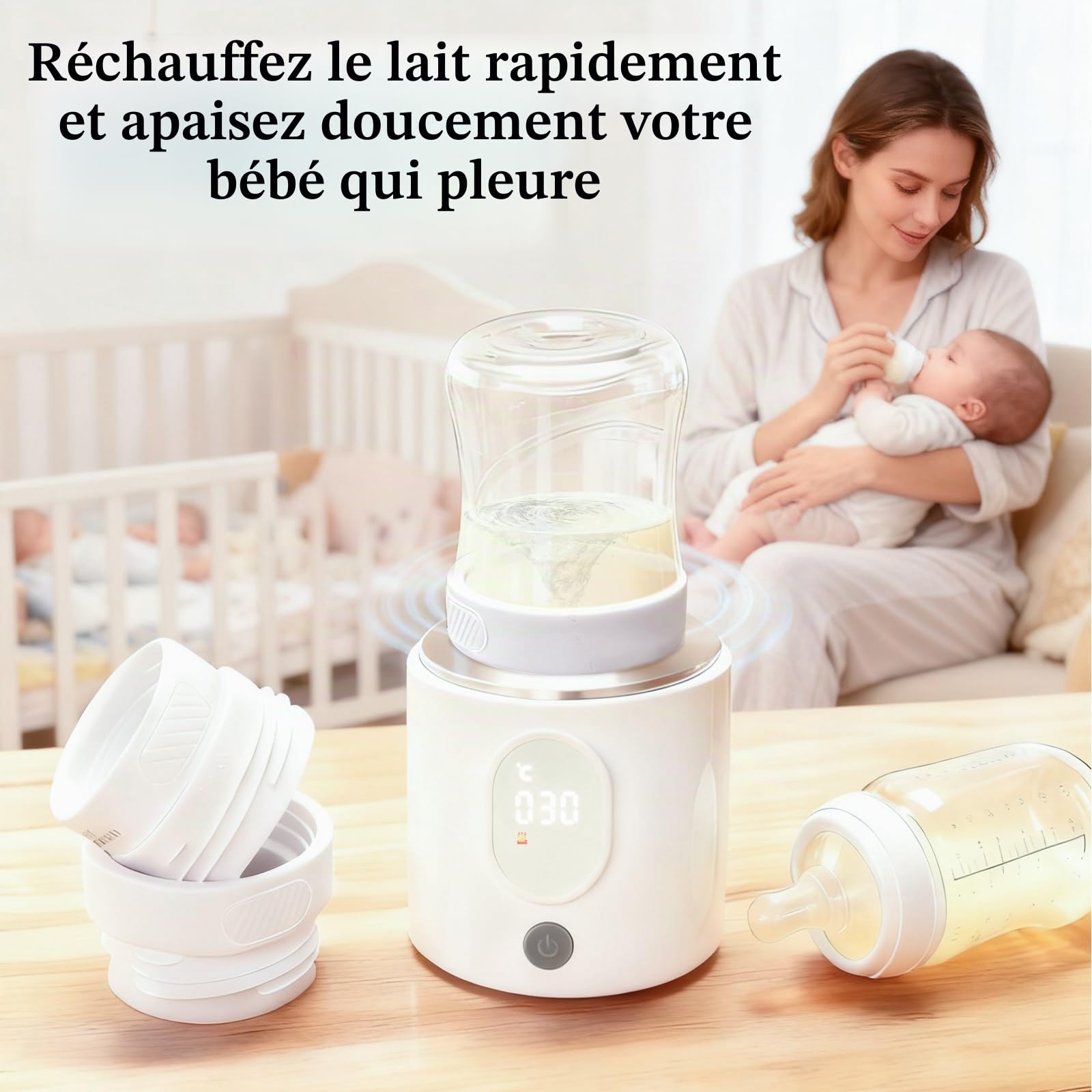 Chauffe Biberon Nomade, Chauffe Biberon Portable pour Bébé, 4 Niveaux de Puissance, 2 Modes, Protection Contre la Chauffe à Sec, Lavable pour Voiture et Voyage