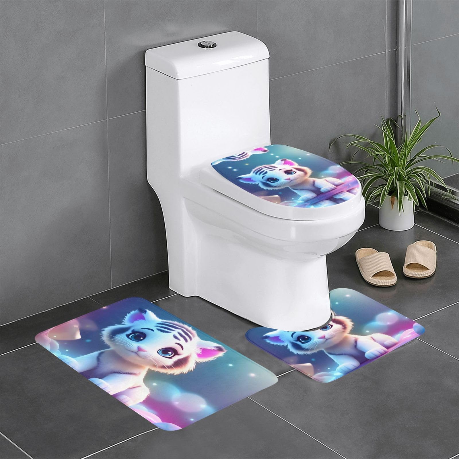 Tapis de salle de bain lot de 3 imprimé tigre mignon ensemble de douche lavabo WC