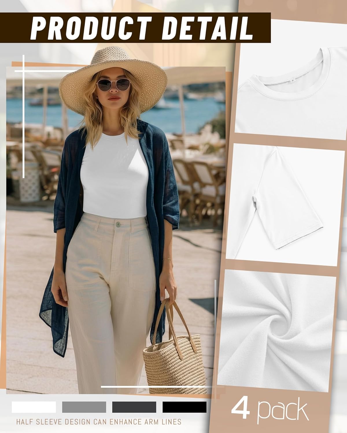 Neer 4 Pack Women's Half Sleeve Tops Elbow Length Slim Fit Crewneck T-Shirts 1/2 Sleeve Casual Summer Basic Tees - Image 5