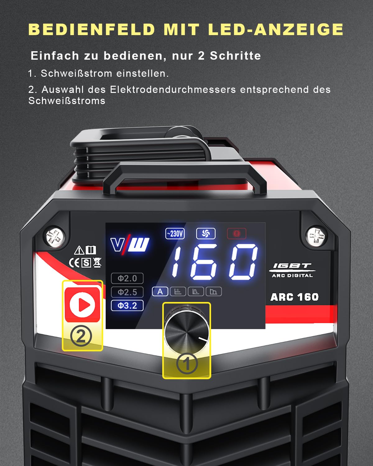 VECTOR WELDING Elektroden Schweißgerät MMA 160A - Schweißgerät Elektrode - Inverter Schweissgerät - Digitales Display - Einsteigergerät - Elektro Schweißgerät - IGBT ARC 160