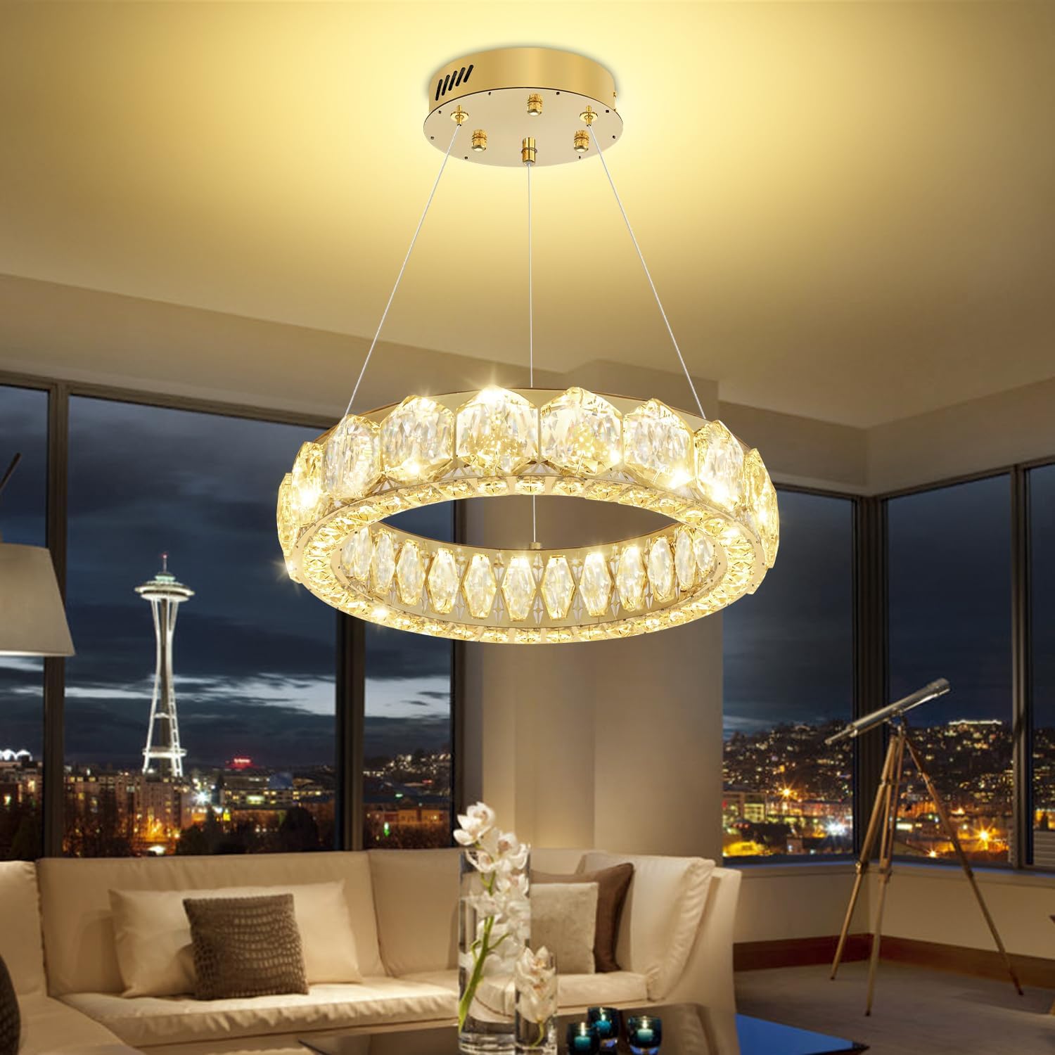 16" Gold Crystal Ring Chandelier, Dimmable Round Pendant Light, Adjustable Height Ceiling Fixture for Dining Room, Living Room, Kitchen Island