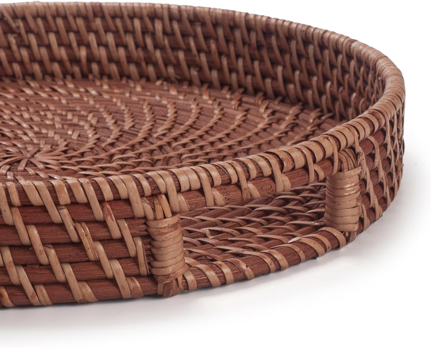 13.8 inch Rattan Tray, Round Wicker Tray with Cut-Out Handles, Woven Serving Tray for Dining/Coffee Table
