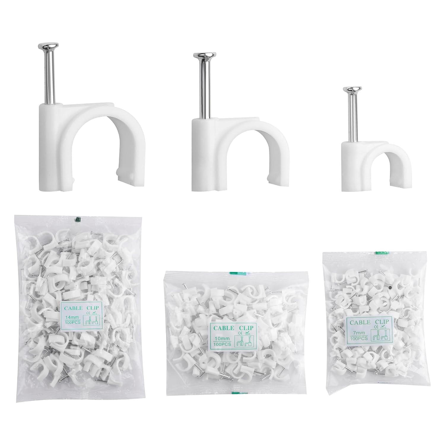 SinLoon 300pcs Cable Clips with Steel Nails 7mm 10mm 14mm Wire Holders Durable, UV Resistant Plastic Clips Help Organize Coax, Ethernet and Other Cords(Circular)