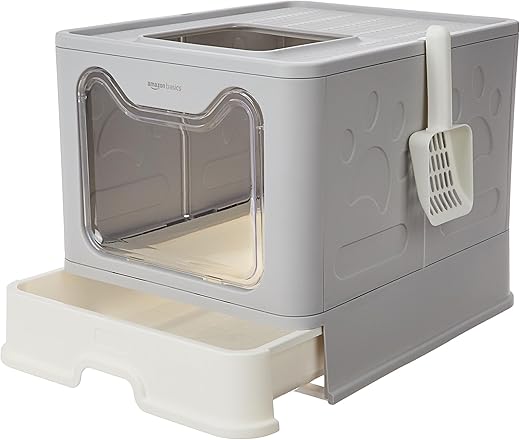 Amazon Basics Foldable Covered Cat Litter Box with Anti-Spill Tray | Easy Cleaning | Spacious Design | Top and Side Openings