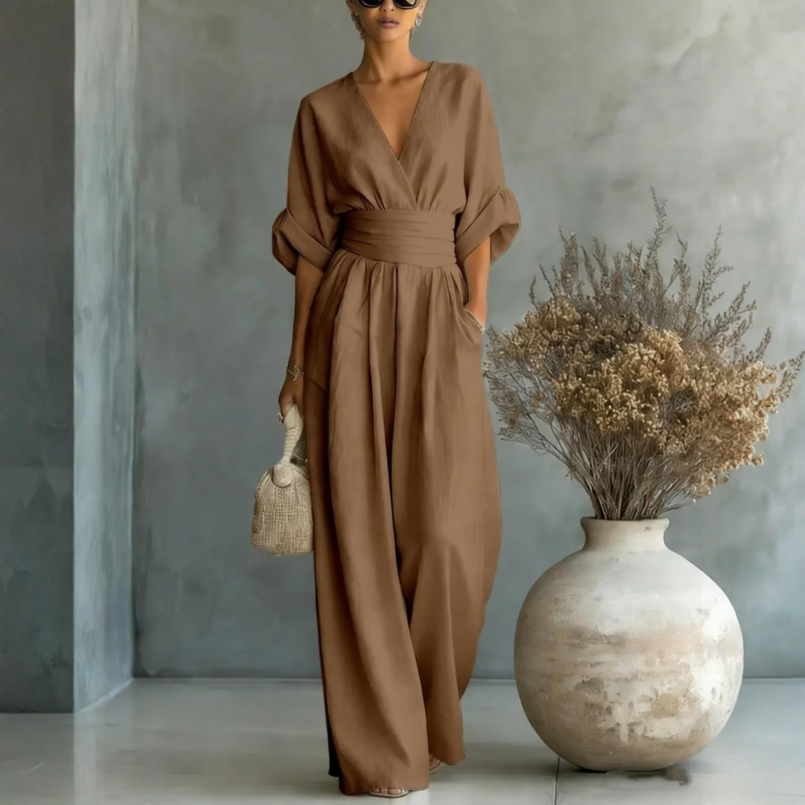 FUPODD Jumpsuit Damen Elegant Für Hochzeit Gast Hosenanzug Festlich Jumpsuits Sommer Lang Hochzeitsgäste Overall V Ausschnitt Wickel Playsuit Schick Tailliert Romper Frauen Leicht Einteiler Party