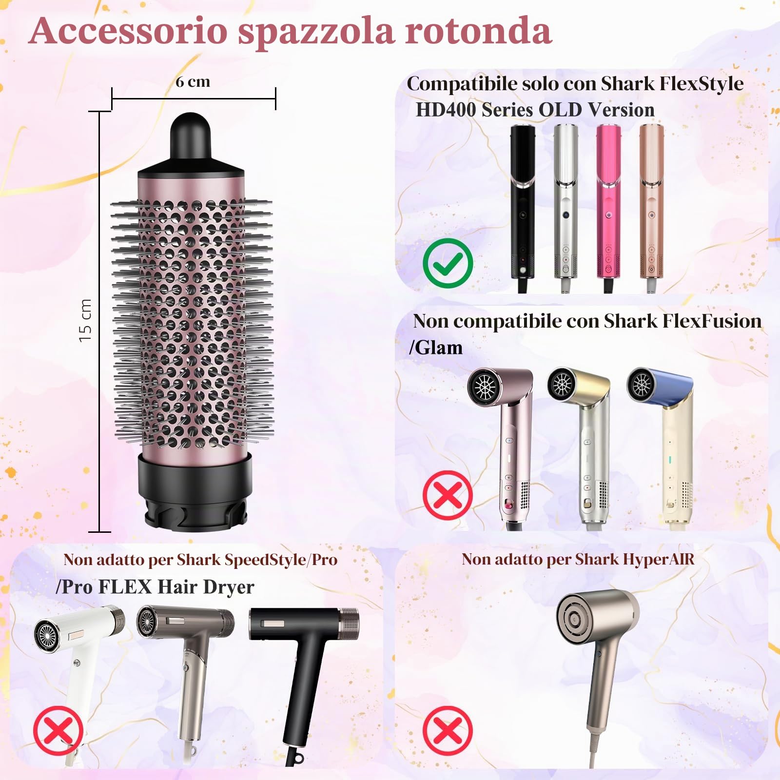 Spazzola volumizzante rotonda per attacco Shark FlexStyle, spazzola rotonda normale compatibile con serie FlexStyle HD400, strumento di fissaggio volumizzante per capelli fini e piatti per lo