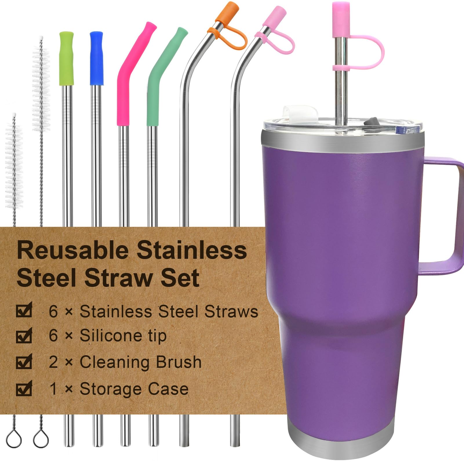 Reusable Stainless Steel Straws Set 6 PCS with 6 Silicone Tips, 2 Straw Brush, 1 Storage Case, Different Sizes of Metal Straws Reusable, Suitable for