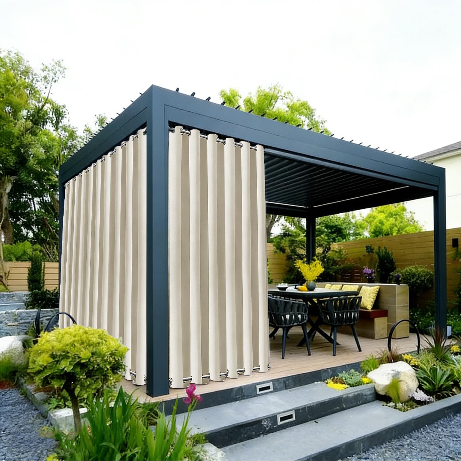 Rideaux d'extérieur coulissants résistants aux intempéries - 150 x 230 cm (l x h) - Amovibles - Pour véranda, pergola, tonnelle - Beige