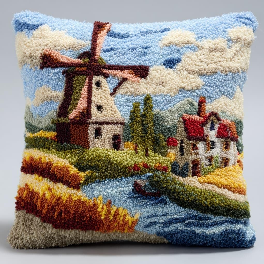 WallustrioaW Latch Hook Cushion Kits 17x17in,Windmills in the Village
