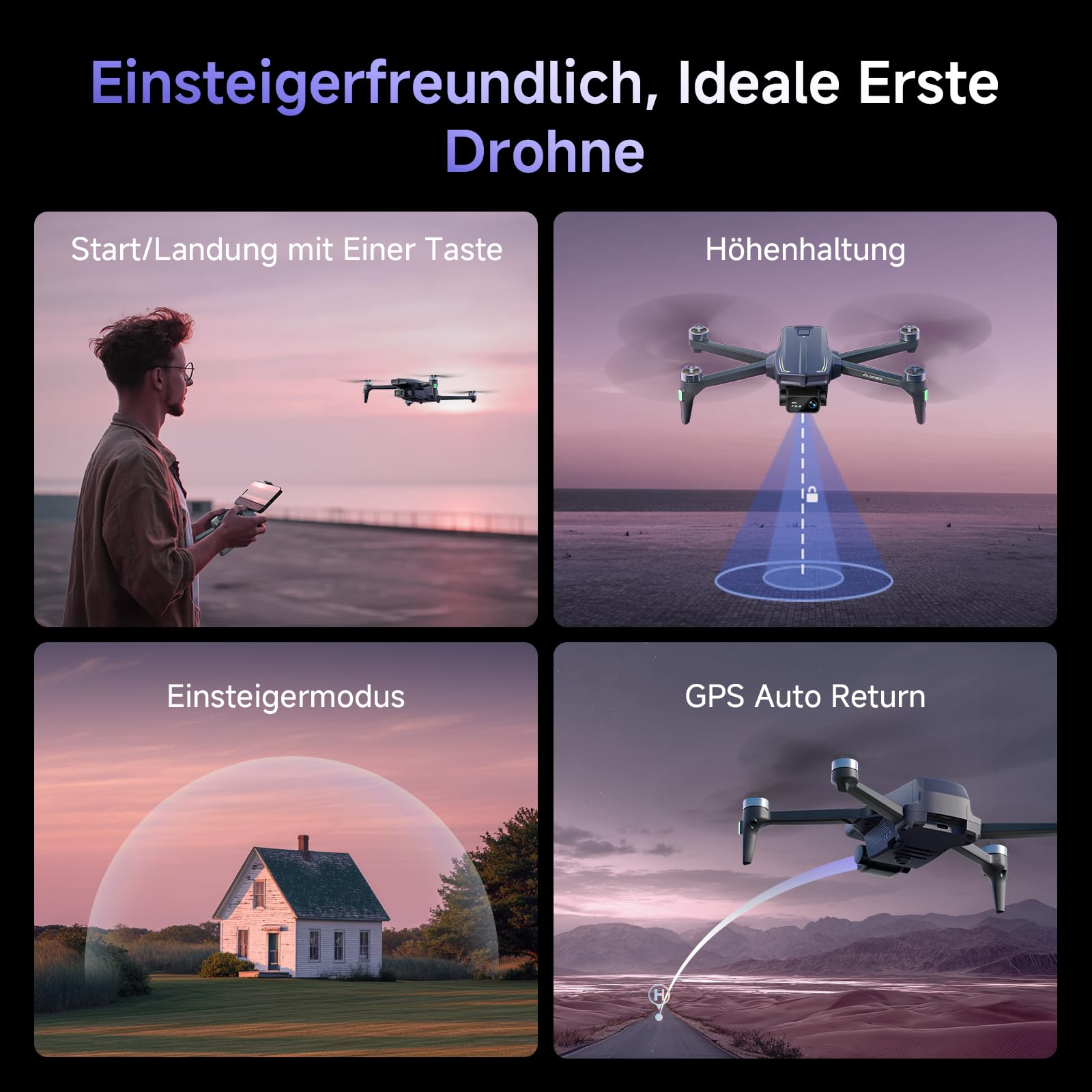Ameta Drohne mit Kamera 4K und GPS, S20 Pro Drone für Kinder und Erwachsene mit Auto Return/ 50 Minuten Flugzeit/Follow Me/Intelligenter Modus/Gestensteuerung, RC Quadrocopter Unter 249g