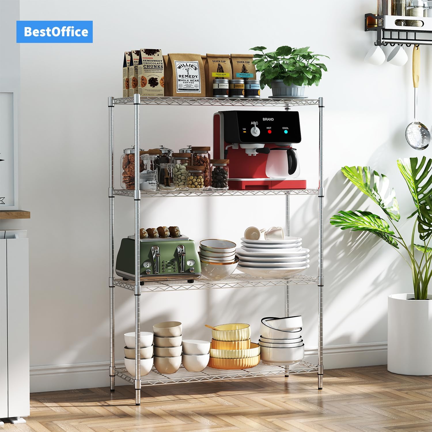 BestOffice | 4-Tier Wire Storage Shelves | 36x14x54 | Chrome | with Adjustable Racks | Heavy-Duty Metal Shelf, Holds Upto 1000 lbs | No-Tool Assembly | Ideal for Home & Garage Shelving Chrome 36"D x 14"W x 54"H