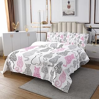 Cute Cat Pattern Quilt Set for Kids Teens,Cat Silhouette Bedspread Coverlet,Pink and Gray Bed Cover Striped Polka Dots Bedding Set Decorative Quilted 2 Piece Coverlet Set with 1 Pillow Sham,Twin Size