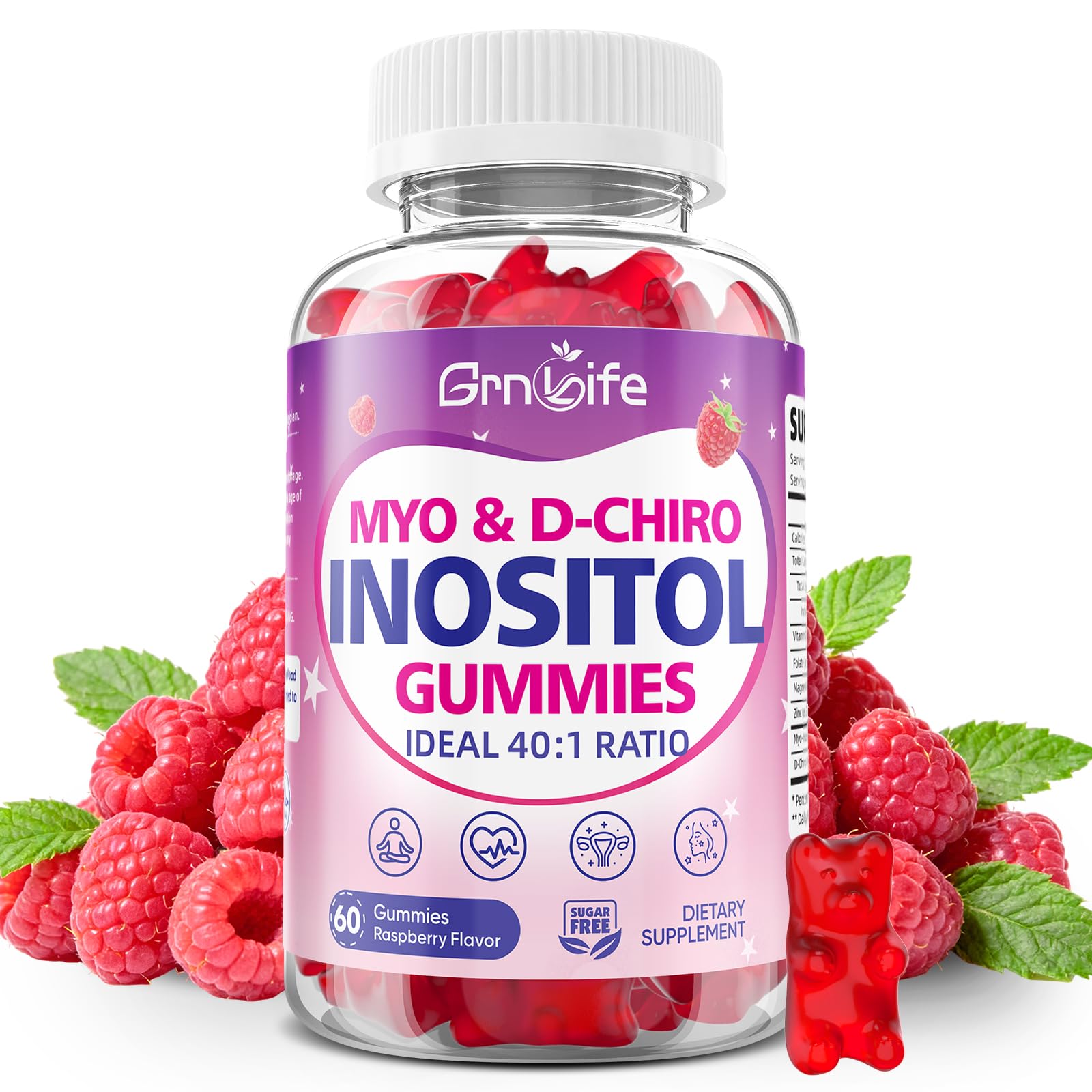Myo-Inositol & D-Chiro Inositol Gummies for Women, 40:1 Ratio Inositol with Vitamin D3, Magnesium Glycinate, Methyl Folate for Female Health & Wellness, Sugar Free, Raspberry Flavor, 60 Count 60 Count (Pack of 1)