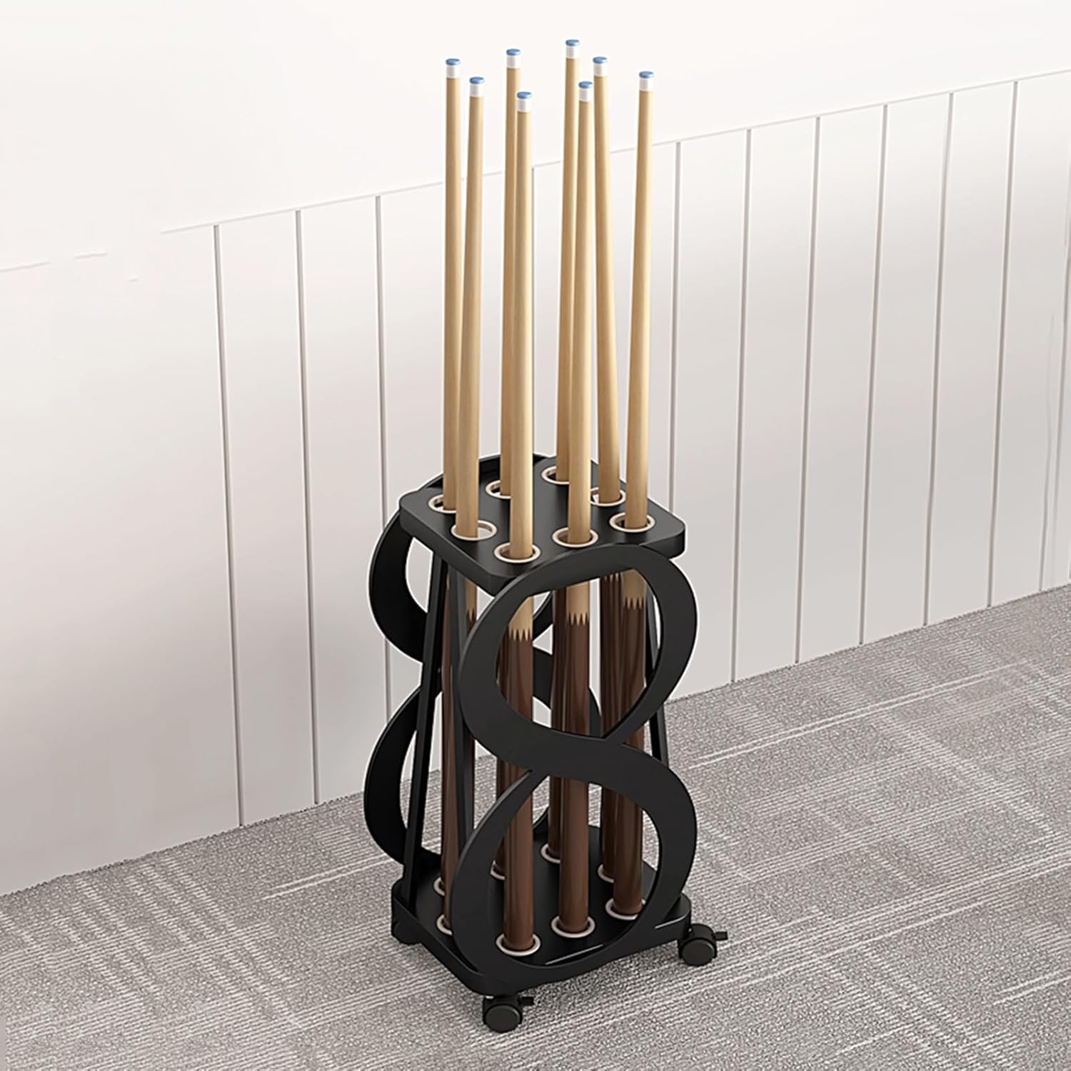 Pool Cue Rack,Portable Iron Cue Storage Rack,Floor-Standing with Rolling Wheels,for Game Room Billiard Room Club(White)