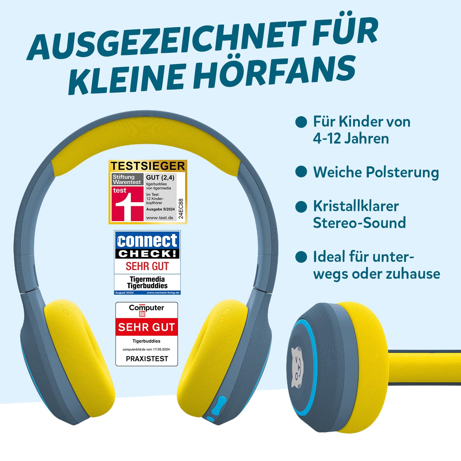 tigermedia tigerbuddies Bluetooth Kopfhörer Kinder | Faltbare Kinder Kopfhörer ab 4 Jahren | Mit Lautstärkebegrenzung 85 dB | Bequemer Sitz & klarer Stereo-Klang | Kinderkopfhörer mit Kabel