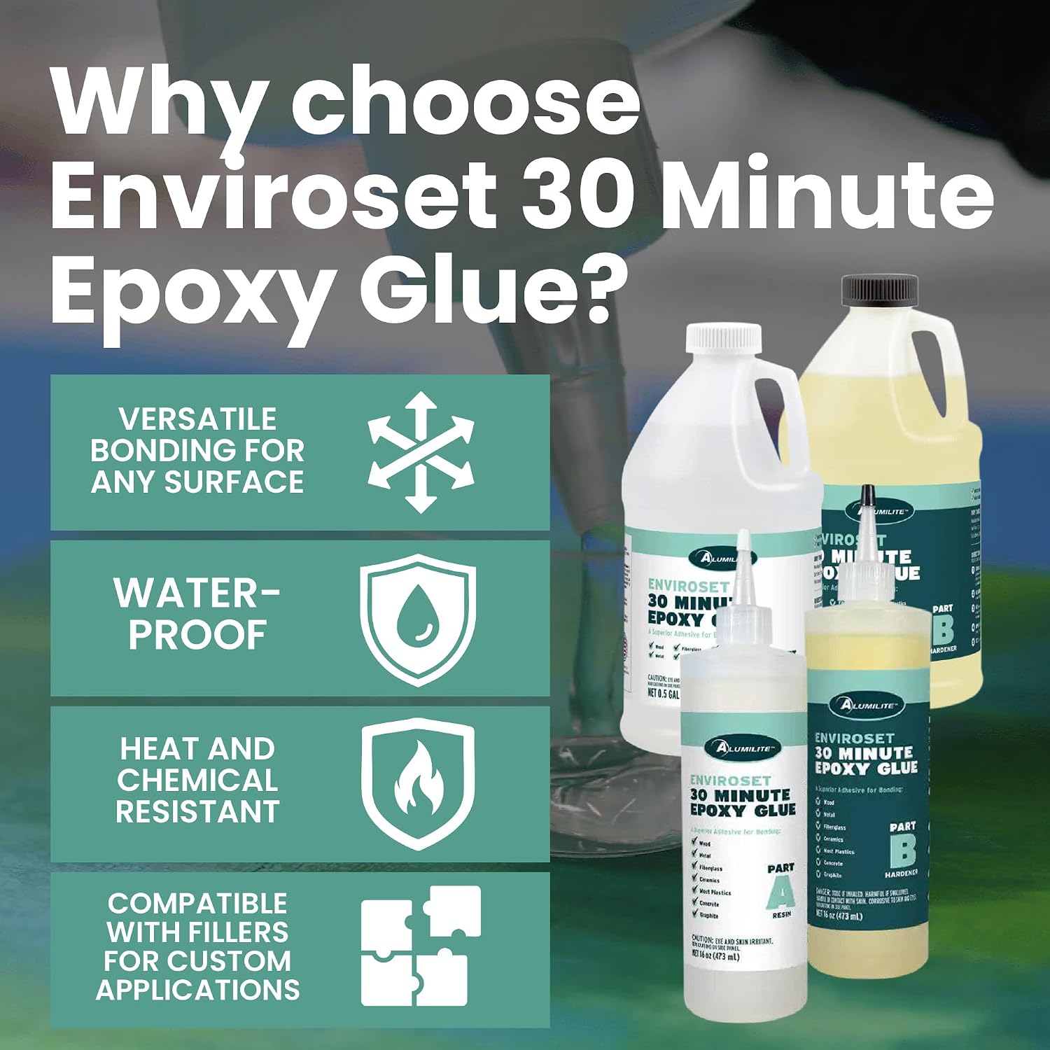 Alumilite Enviroset 30 Minute Epoxy Glue 32 oz (16 oz Part A + 16 oz Part B), Waterproof, Heat Resistant Adhesive for Wood, Metal, Versatile Top Table Filler and Repair, Glass, Ceramics, Concrete
