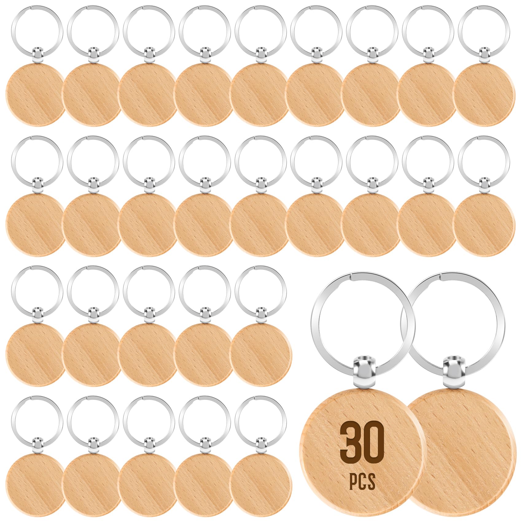 Ksrnsne Round 30 Pieces Wood Keyring Blanks Keyring Making Kit Diy Craft Pyrography Engraving Keychains Blanks Bulk