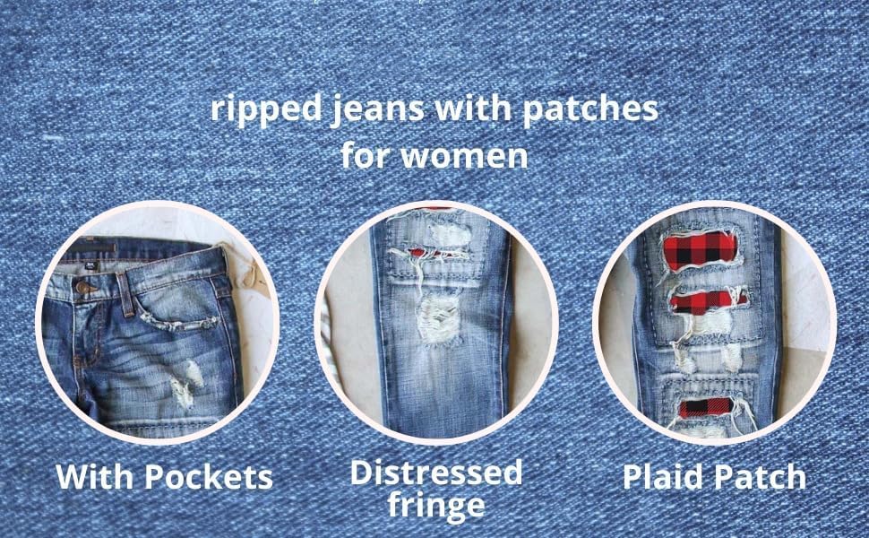 Ripped Boyfriend Jeans for Women Distressed Skinny Denim with Holes Plaid Patchwork Design Stretch Comfort Pants - Image 5