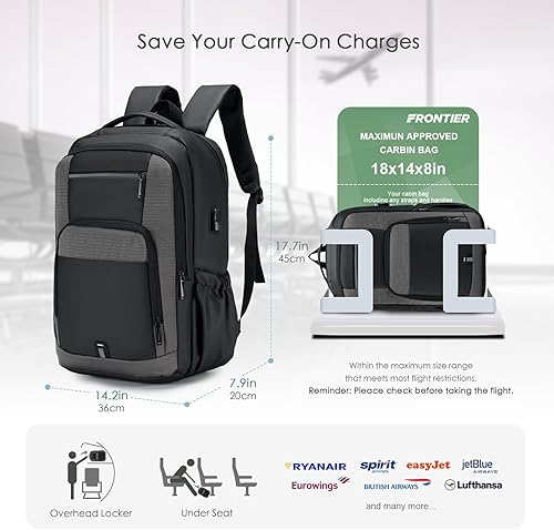 Miniatura 4 de Mochila de viaje de negocios para laptop de 17 pulgadas, aprobada por vuelo, mochila de mano grande, bolsa de fin de semana, Gris-15.7x7.8x11.8",