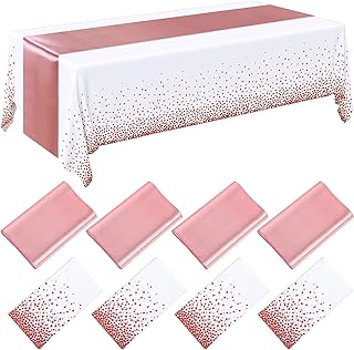 8pcs Disposable Plastic Tablecloths and Satin Table Runner Set for Wedding Birthday Baby Shower Anniversary Christmas New Year Party Decorations(White+Pink)