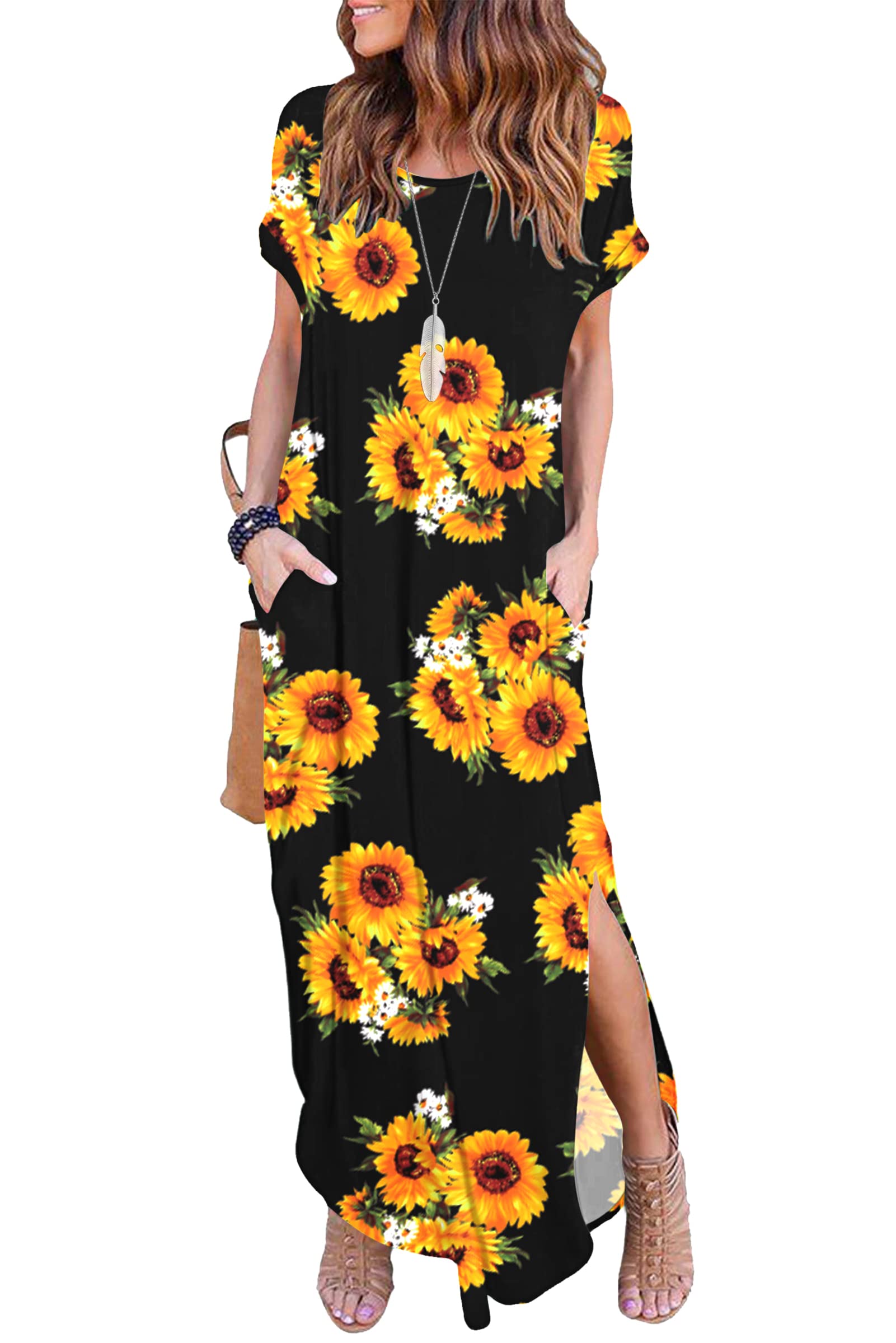 AUSELILY Vestido Largo para Mujer Manga Corta Verano Vestido Playa Maxi Vestido Informal Sexy Bohemio Floral Vestido con Bolsillos