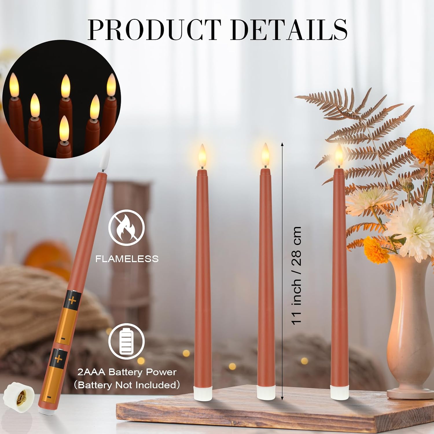 Macarrie 24 Packs Flameless Taper Candles Battery Operated Fake 11 Inch Long Candlelight LED Flameless Candlesticks Flickering Tapered for Summer Fall Wedding(Brown)