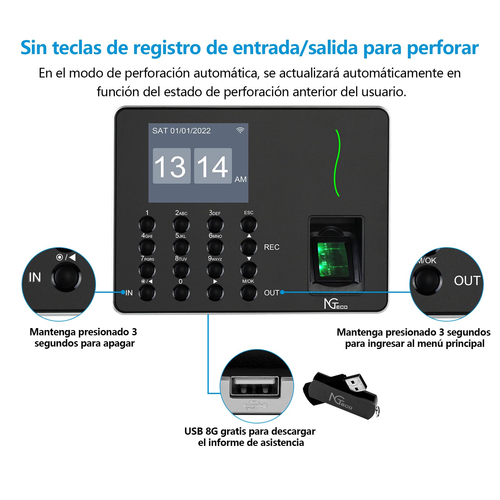 NGTeco Reloj de fichar, Control horario empleados, Máquina de Asistencia Biométrica de Huellas Dactilares WiFi en Lengua española, aplicación para iOS y Android (0 Tarifa Mensual)