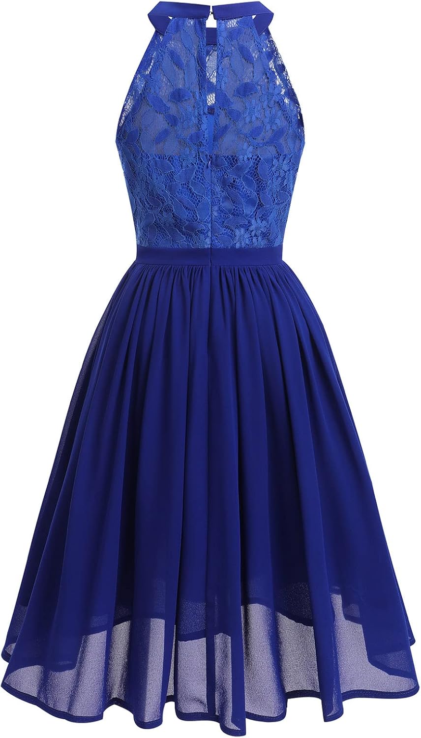 Women Halter Vintage Floral Lace Chiffon Bridesmaid Dress Wedding Guest A Line Formal Cocktail Swing Party Dress Fit and Flare Illusion Short Prom Evening Gown Homecoming Dress Royal Blue-Cutout L - Image 3