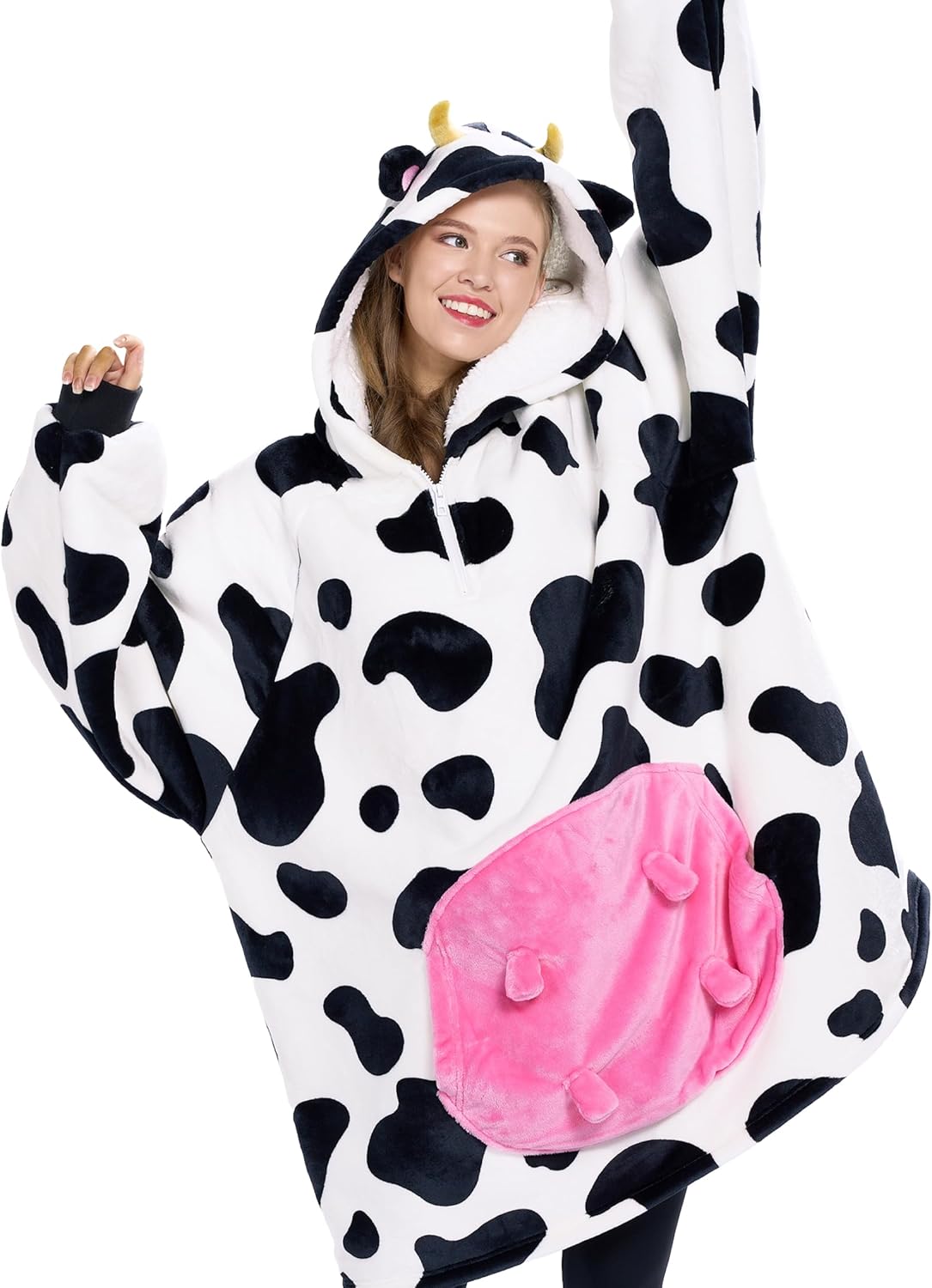 Giggling Getup Wearable Blanket Hoodie for Women and Men Sherpa Fleece Hooded Blanket Sweatshirt Warm Cozy Sherpa Wearable Throw Oversized Hoodie with Giant Pocket & Sleeves for Adult Cow