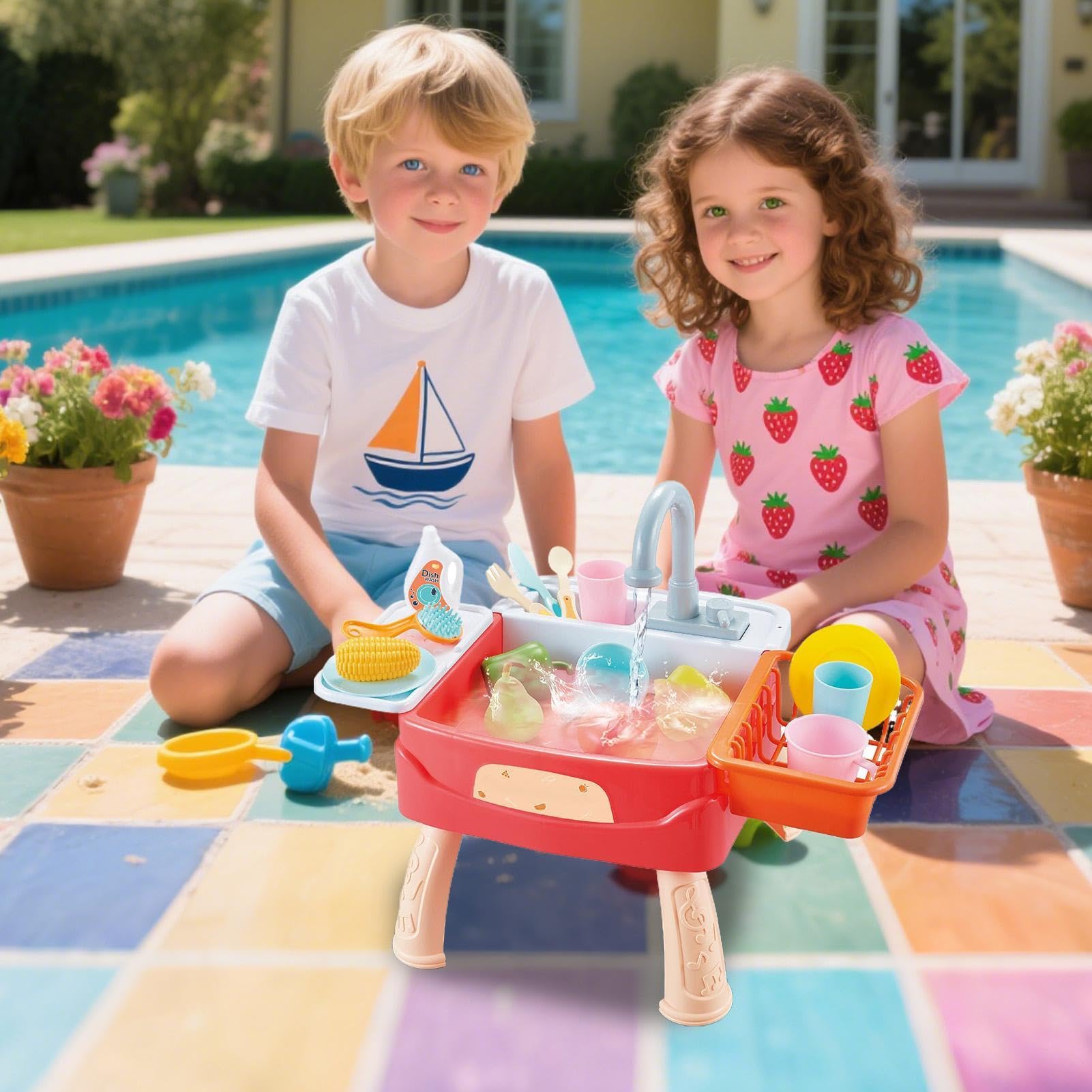 Giocattolo Cucina Lavello Con Acqua Corrente Elettrica | Ciclo Acqua Automatico Inclusi Giochi Educativi per Bambini 3+ Anni