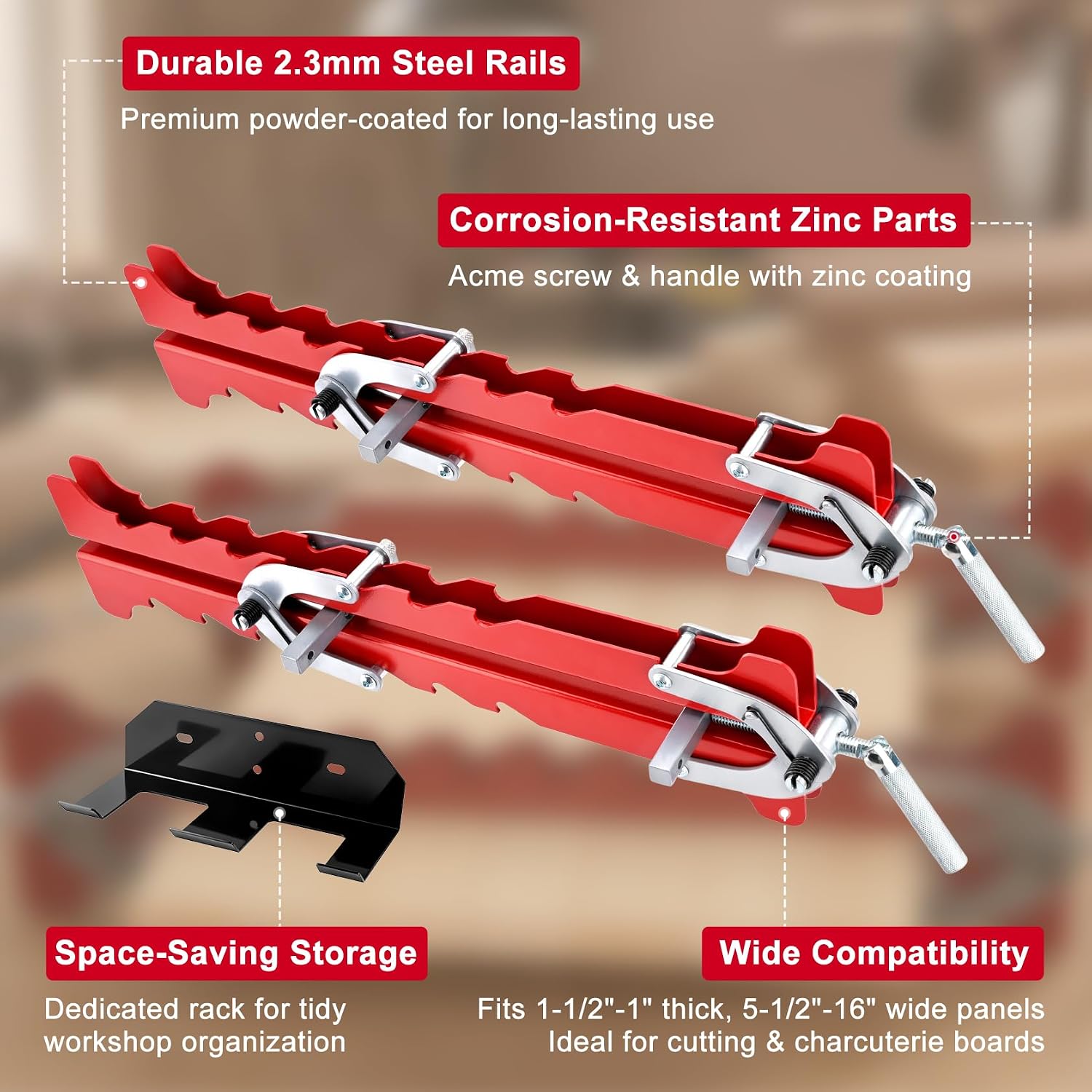 Upgrade 19 Inch Panel Clamps 2 Pack with Storage Rack | 4-Way Heavy Duty Cabinet Clamps with Serrated Rigid Guide Rails, Ideal for Cutting Boards, Small Panels & Cabinet Woodworking