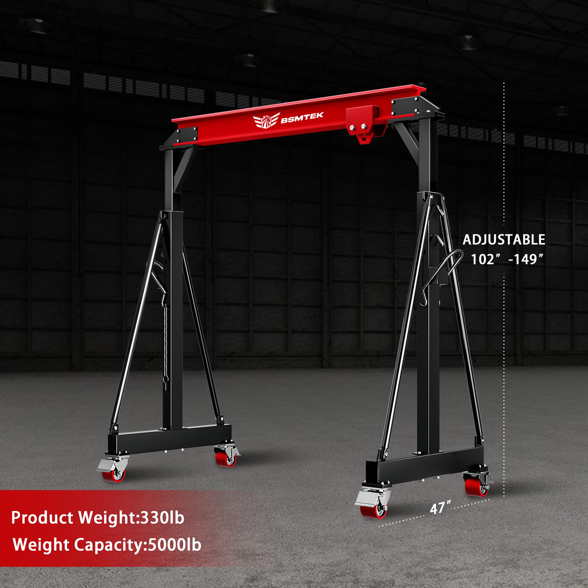 BSMTEK 2 Ton Gantry Crane – Adjustable Height (8.53-12.5 FT) & Width (9.06 FT), Heavy-Duty Shop Lift Hoist with 5000 Lb Manual Trolley?Red