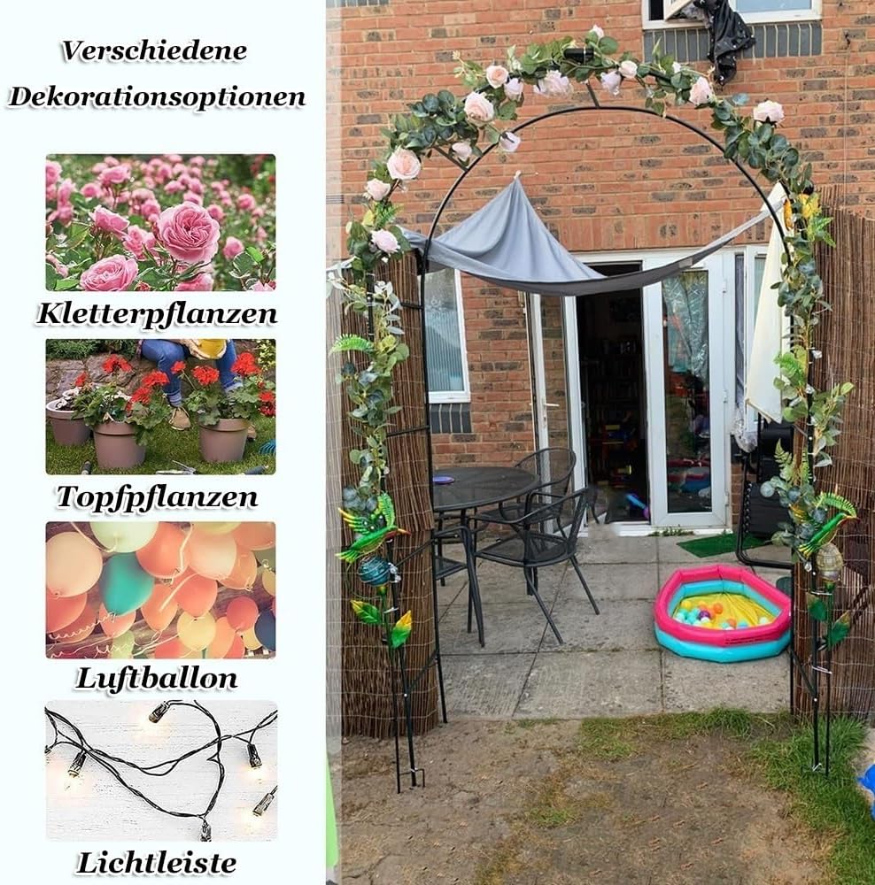 Black Garden Arbor Arch Trellis - 19mm Galvanized Pipe Pergola with Base, 200x230cm Wedding Arch for Outdoor Decoration, Patio, Event, and Ceremony Use