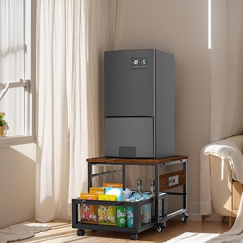 Miniatura 8 de Mini soporte para refrigerador con almacenamiento y ruedas, mini mesa de nevera resistente con tomas de corriente para refrigerador de 220 libras,