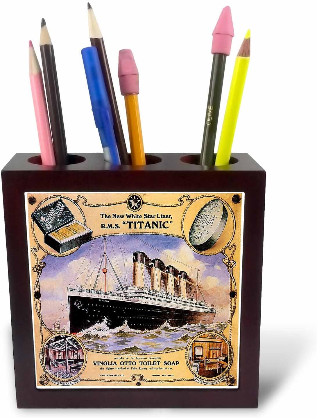 3dRose Vintage White Star Line Titanic Vinolia Otto Toilet Soap Advertising Poster Tile Pen Holder, 5" (ph_149245_1)